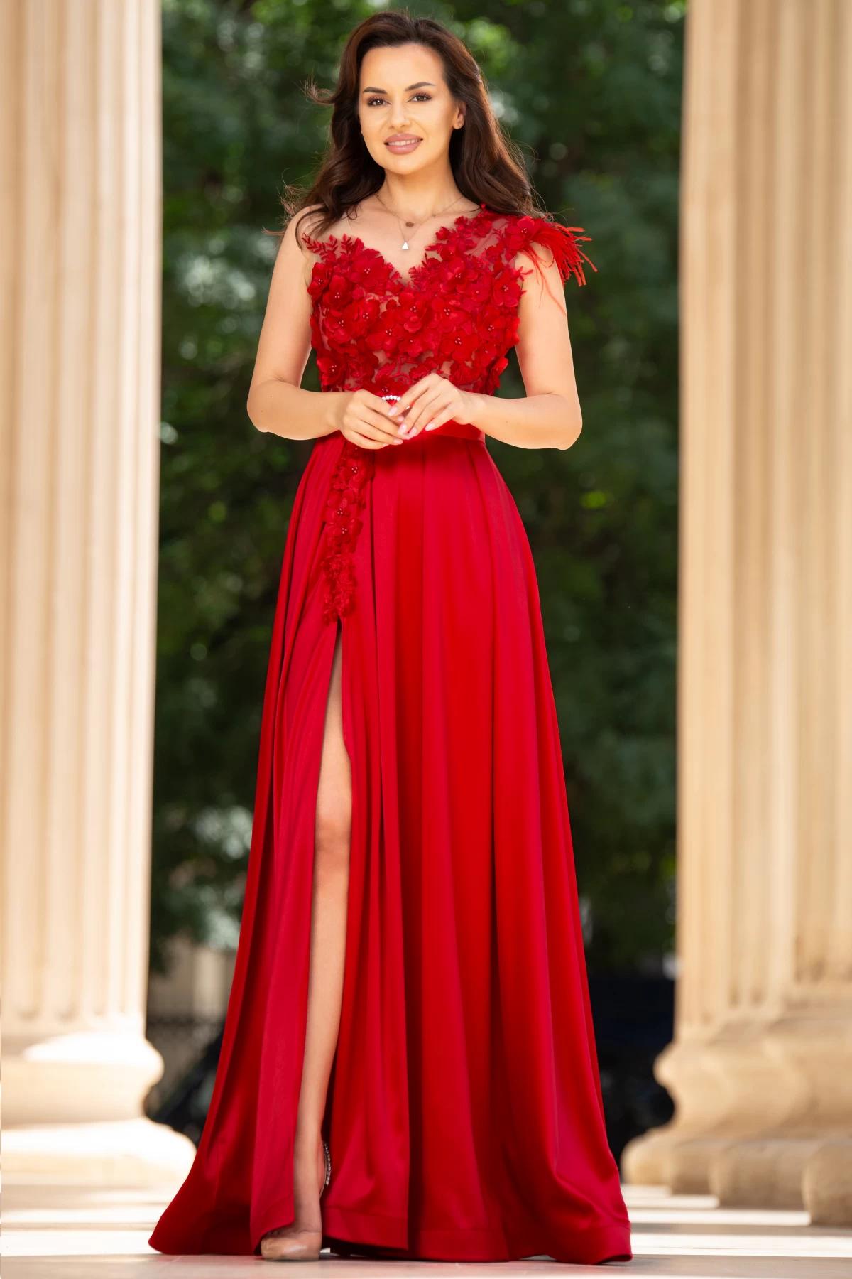 Rochie eleganta de seara Ofelia rosie lunga cu flori 3D