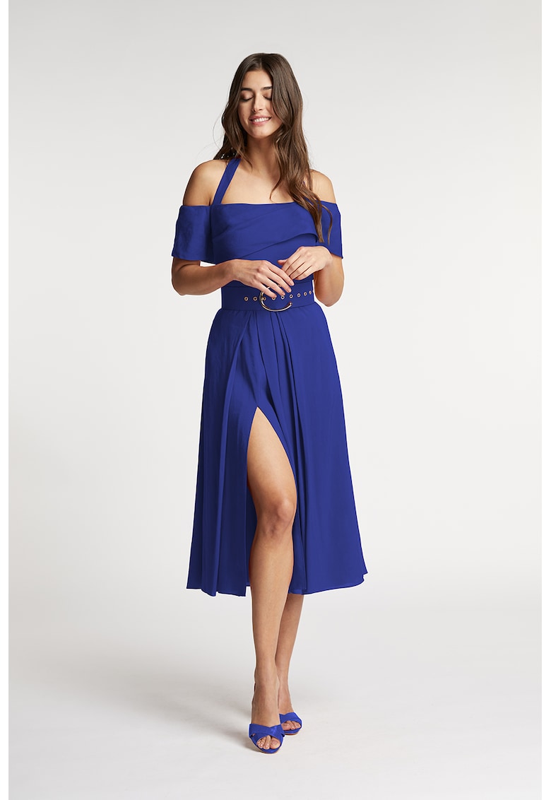 Rochie evazata din amestec de in cu slit lateral adanc Chimera