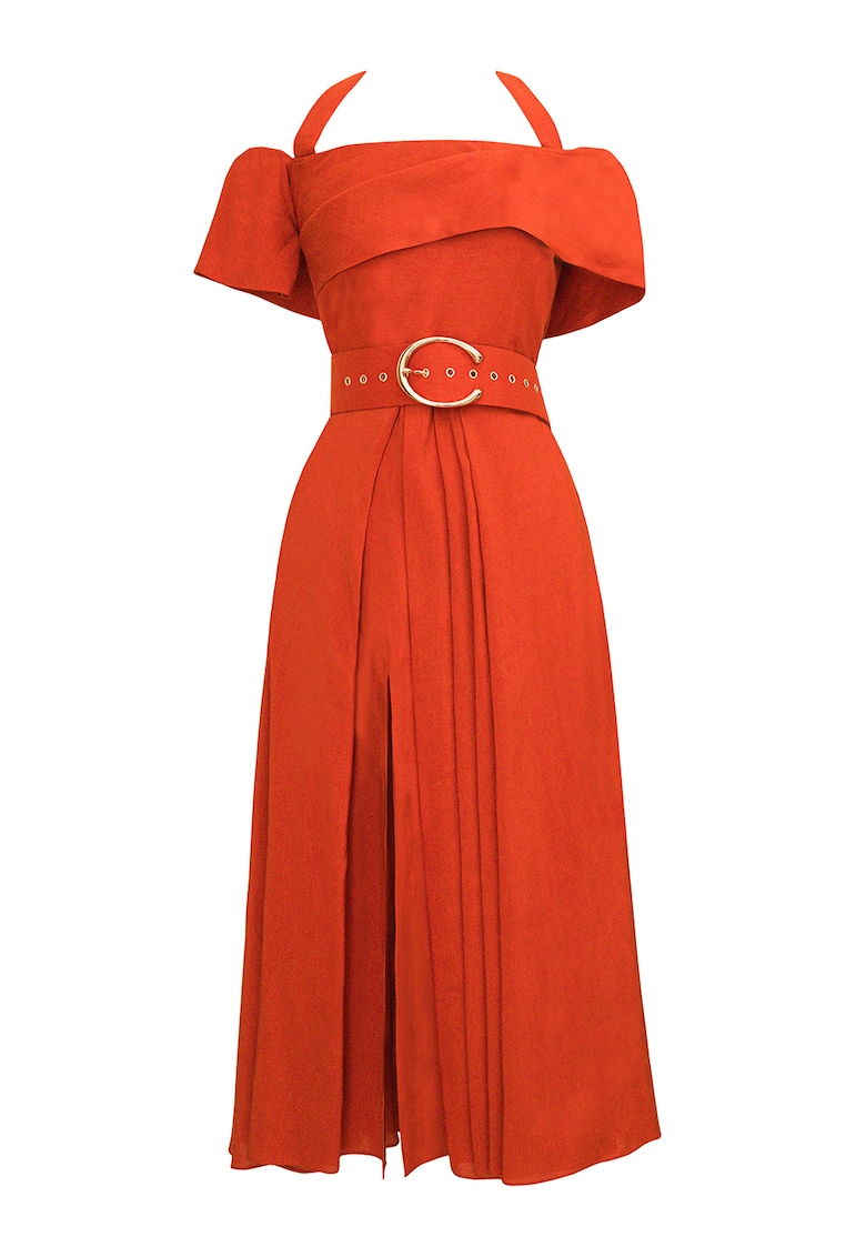 Rochie halter midi cu decolteu pe umeri
