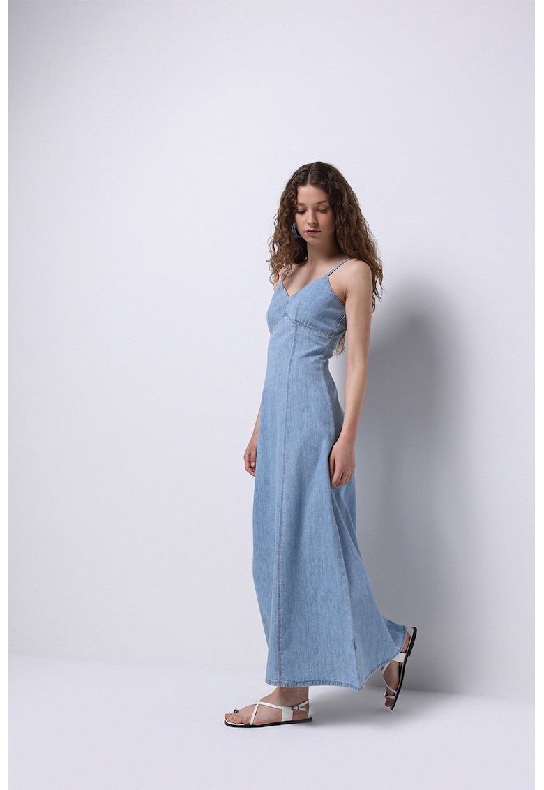 Rochie lunga din denim cu decolteu in V - fara maneci