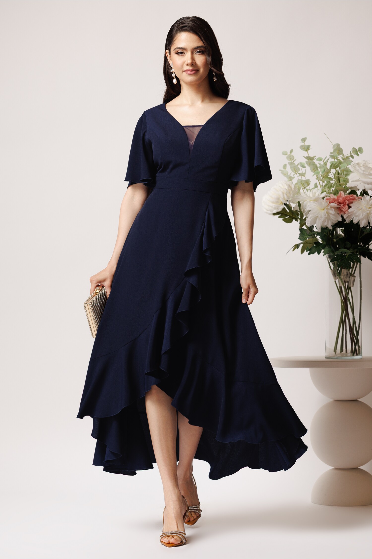 Rochie lunga eleganta din crep bleumarin cu volan pe fusta