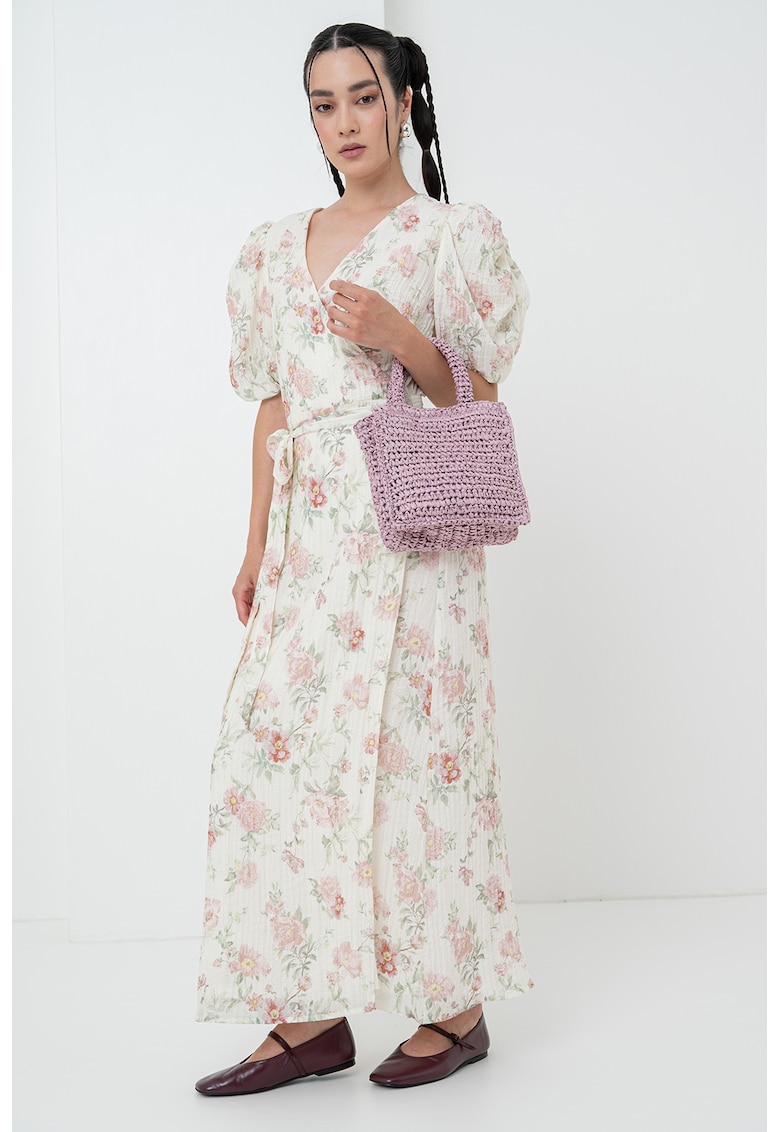 Rochie maxi cu cordon in talie - maneci bufante si model floral