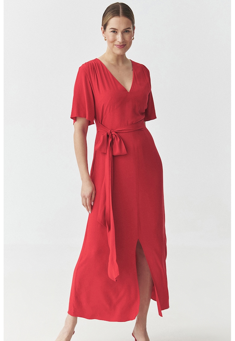 Rochie maxi cu slit frontal si cordon in talie