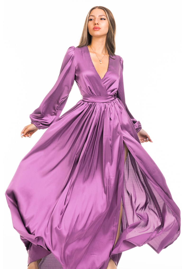 Rochie maxi evazata cu slit si model petrecut