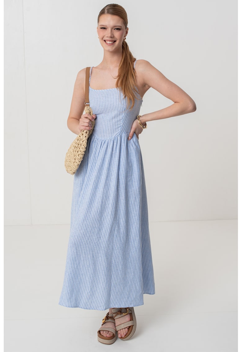 Rochie maxi evazata din amestec de in cu bretele inguste ajustabile