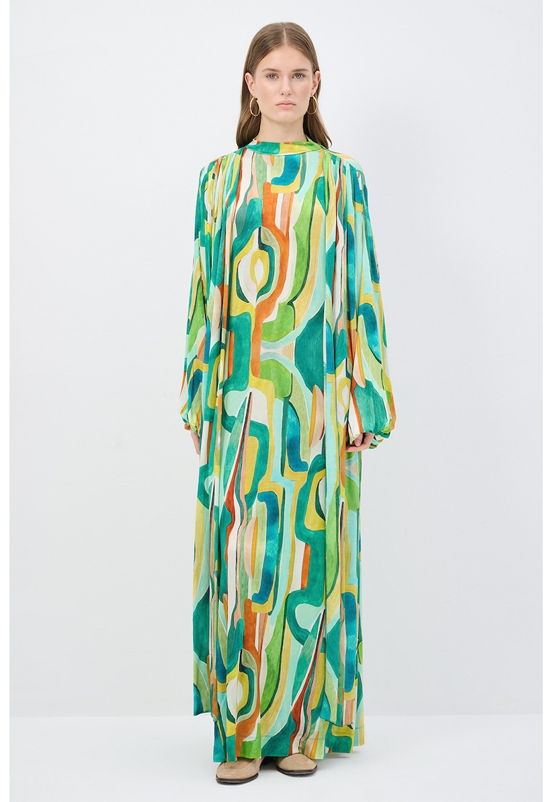 Rochie maxi lejera cu model colorblock si maneci bufante