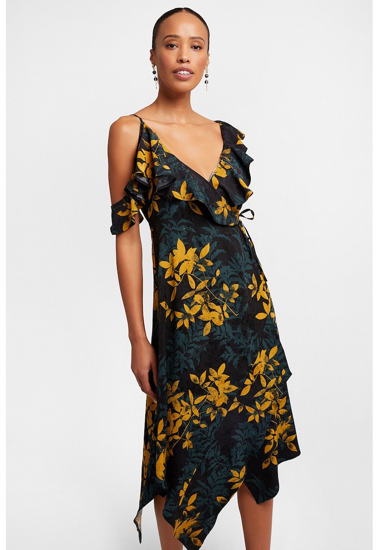 Rochie midi asimetrica cu model floral si decolteu in V