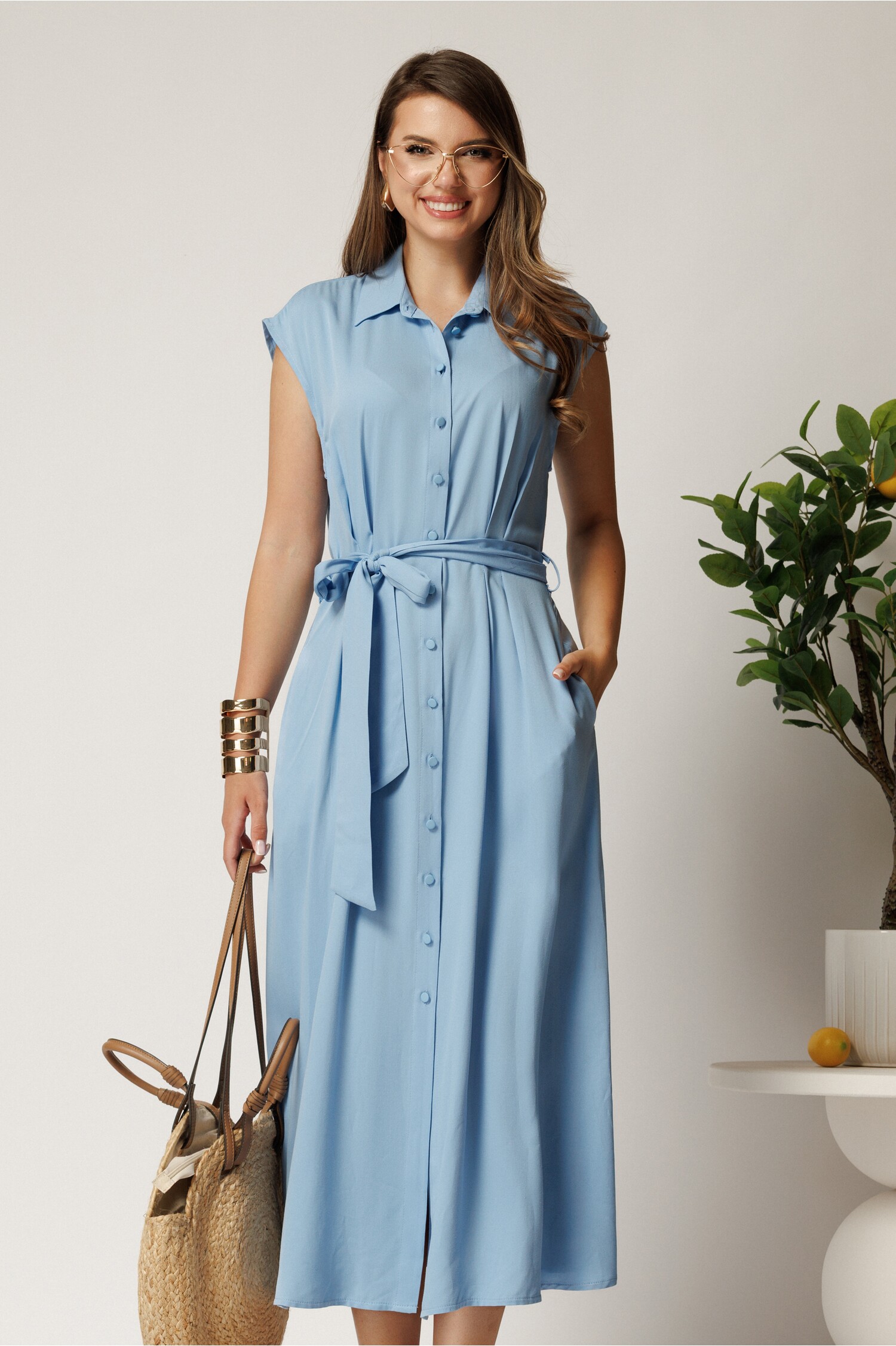 Rochie midi bleu din viscoza cu nasturi si cordon