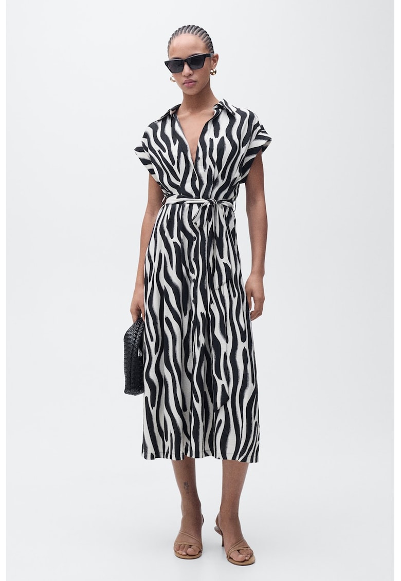 Rochie midi cu cordon in talie si imprimeu
