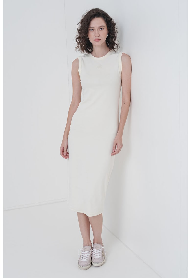 Rochie midi cu croiala dreapta si decolteu la baza gatului