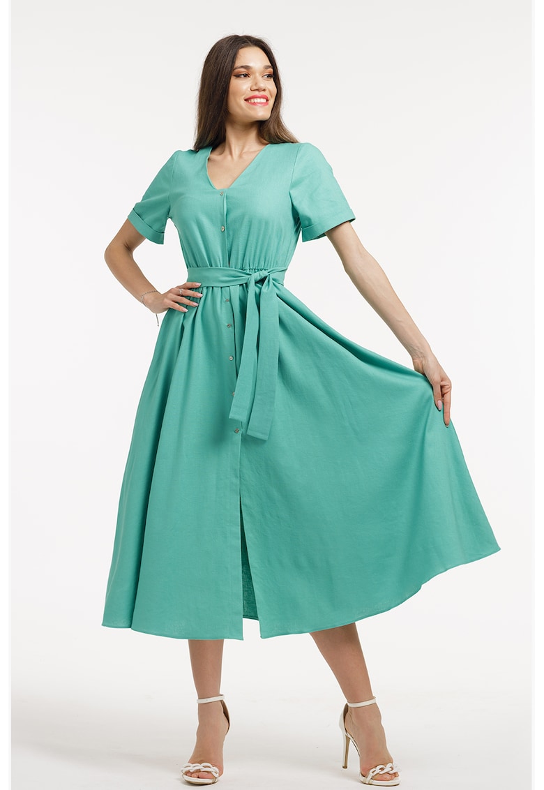 Rochie midi cu croiala evazata si cordon in talie