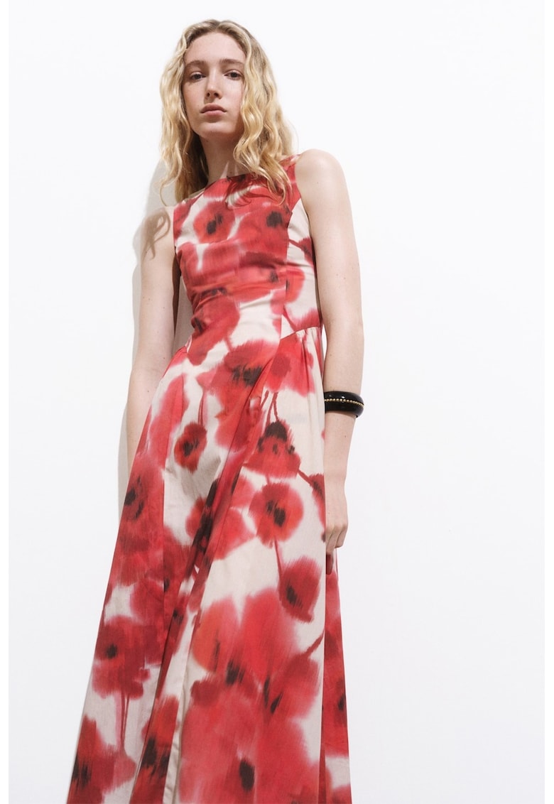 Rochie midi cu croiala evazata si model abstract