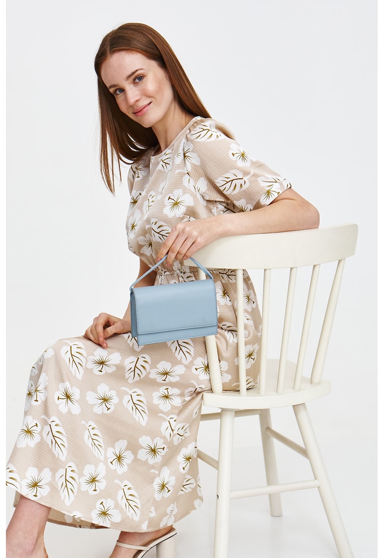 Rochie midi cu croiala in A - model floral si aspect satinat