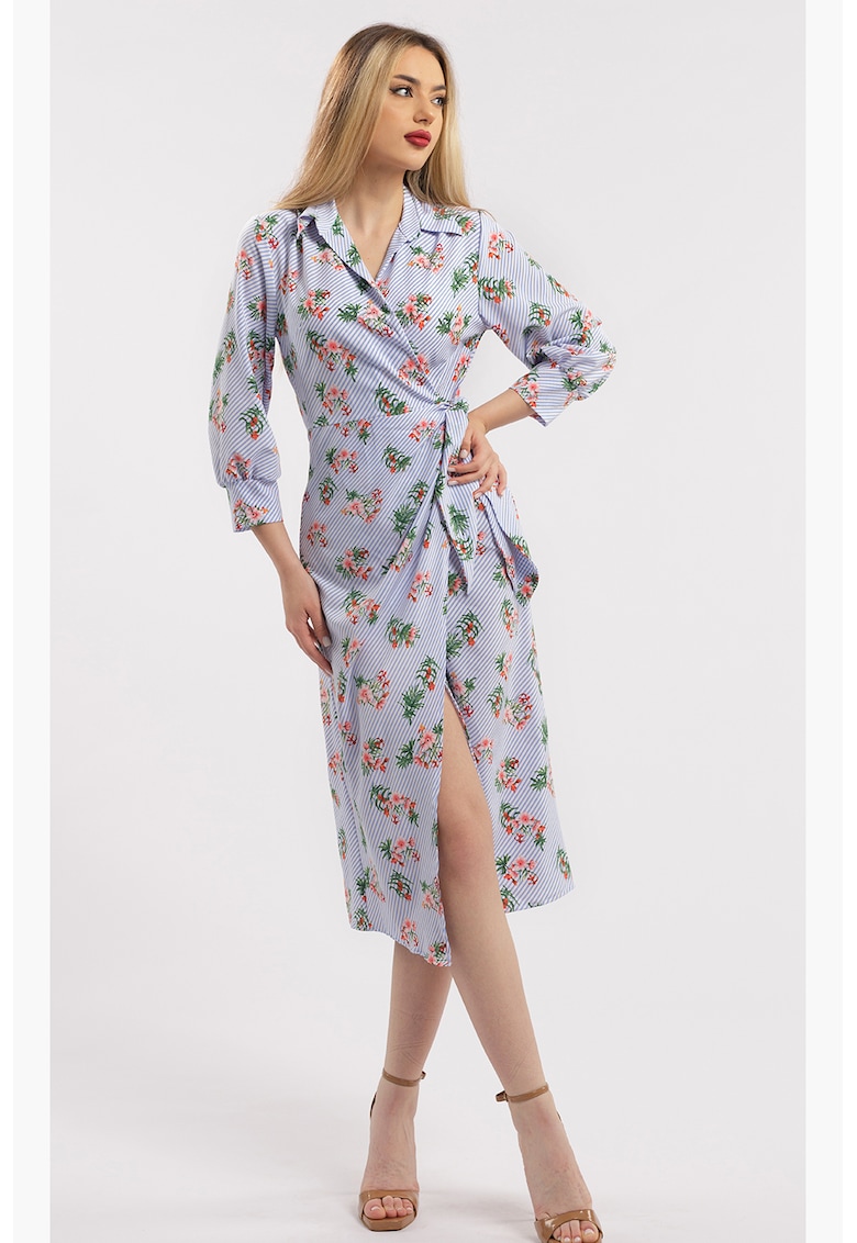 Rochie midi cu croiala petrecuta si slit frontal