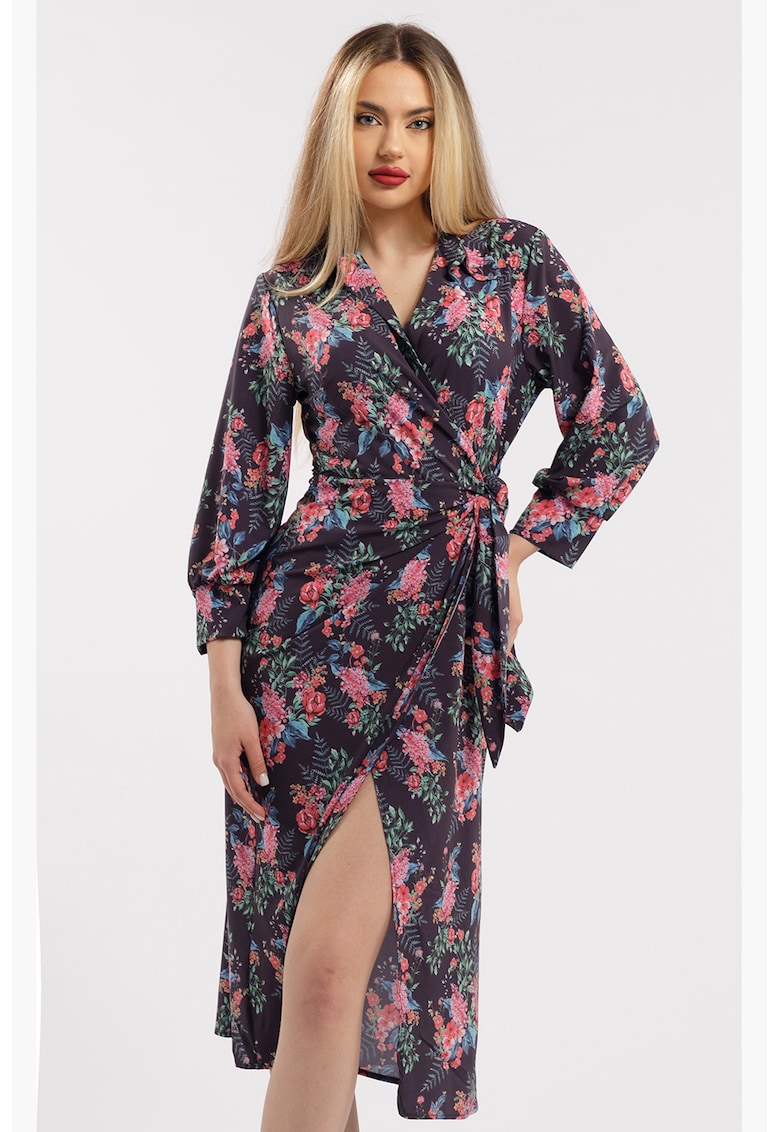 Rochie midi cu croiala petrecuta si slit frontal