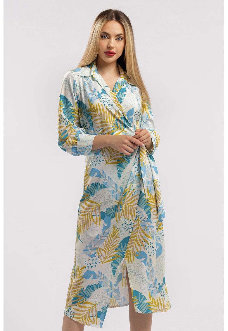 Rochie midi cu croiala petrecuta si slit frontal