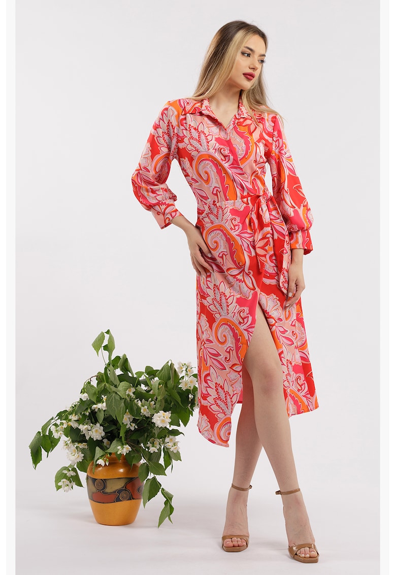 Rochie midi cu croiala petrecuta si slit frontal