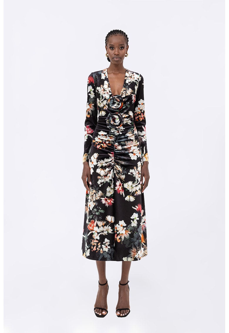 Rochie midi cu imprimeu si aplicatii floare