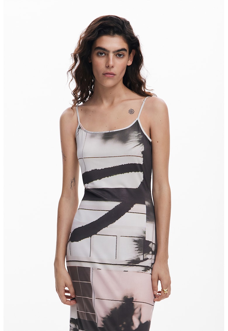 Rochie midi cu imprimeu si bretele ajustabile