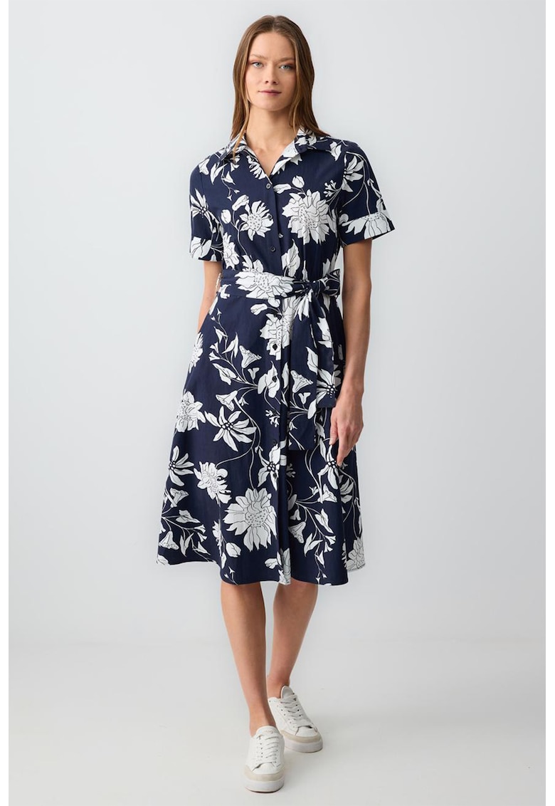 Rochie midi cu model floral si cordon in talie