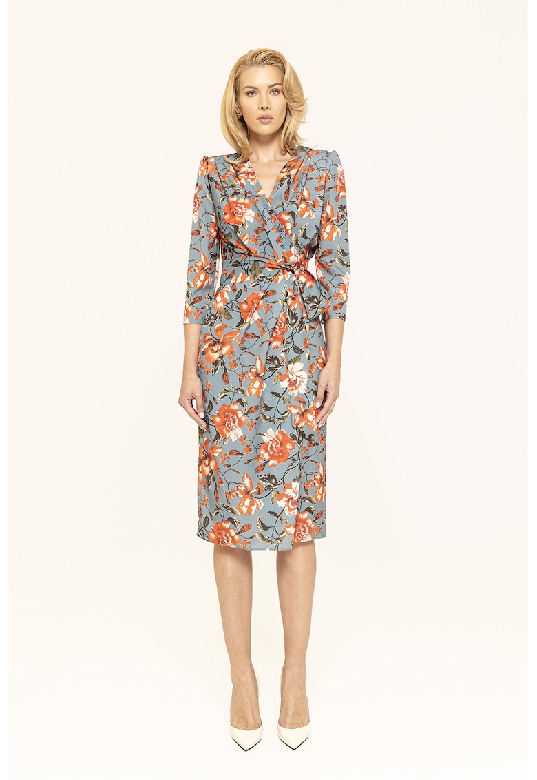 Rochie midi cu model floral si decolteu in V