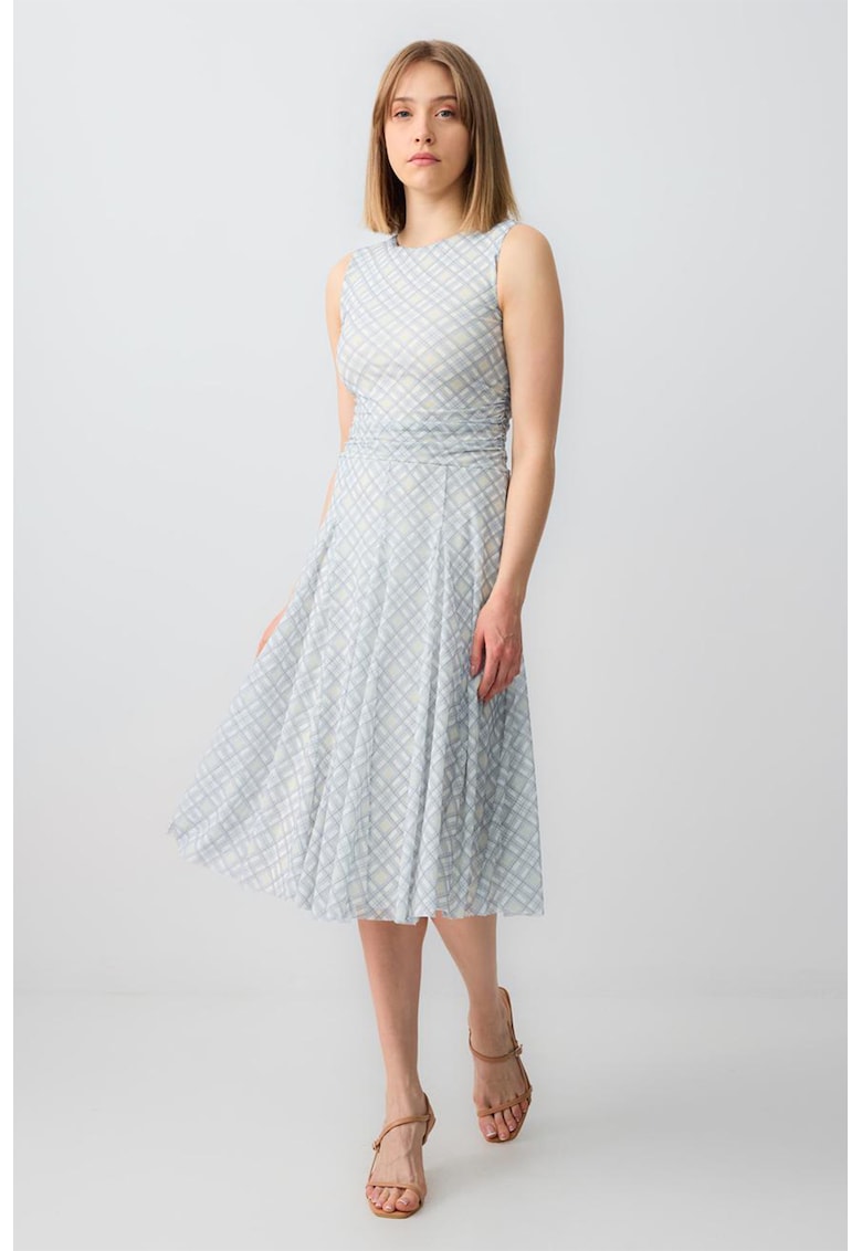 Rochie midi cu model in carouri si talie drapata