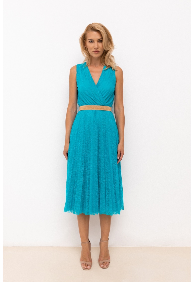 Rochie midi cu pliuri si banda contrastanta in talie