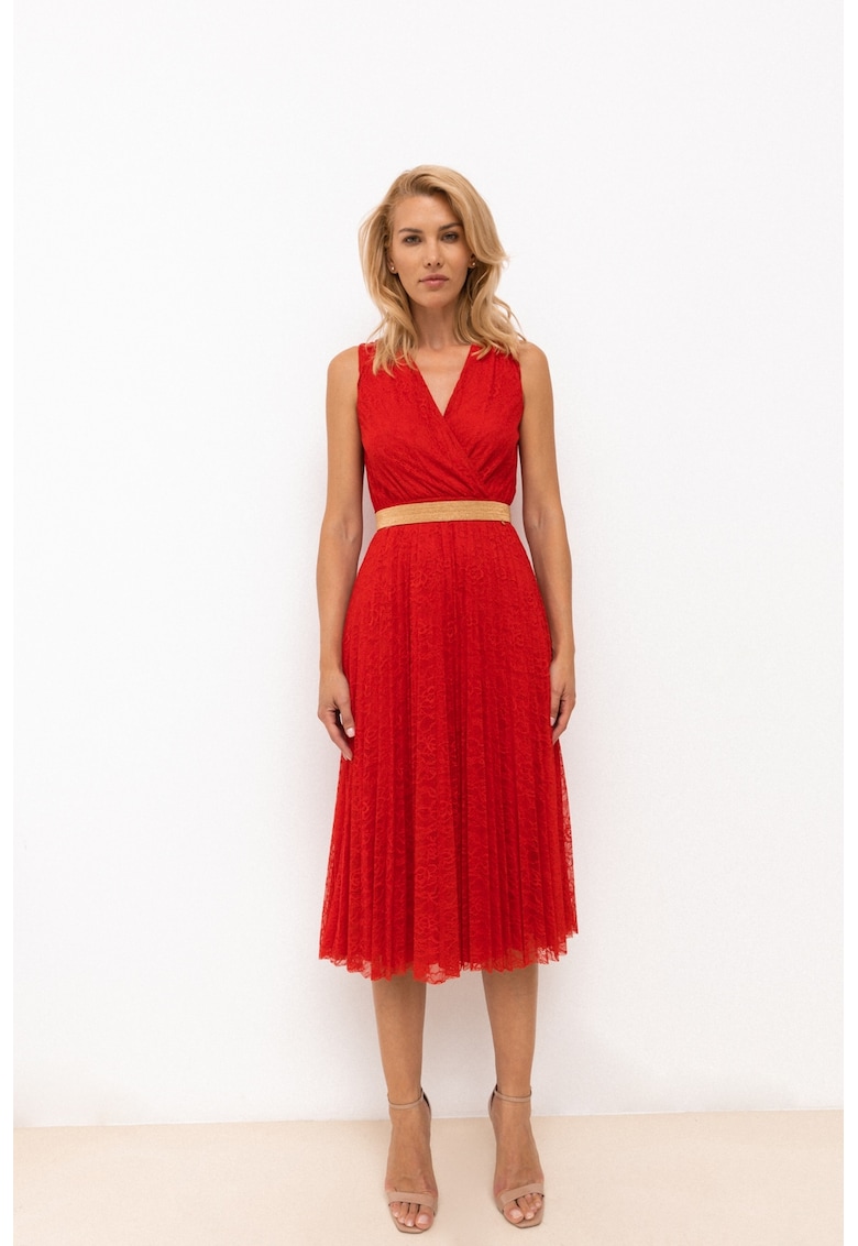 Rochie midi cu pliuri si banda contrastanta in talie