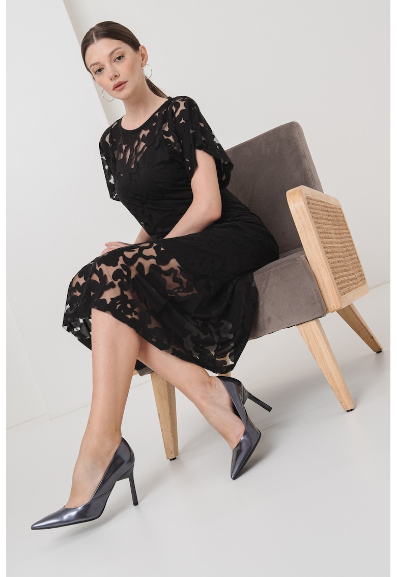 Rochie midi cu strat exterior floral si fronseu lateral