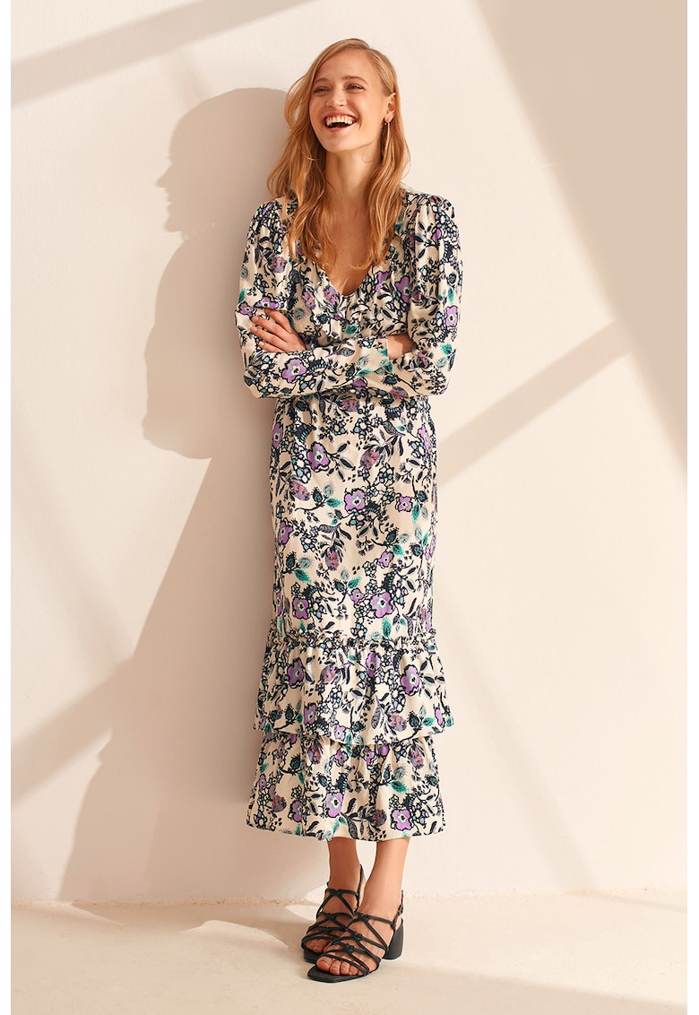 Rochie midi cu volane - decolteu in V si model floral