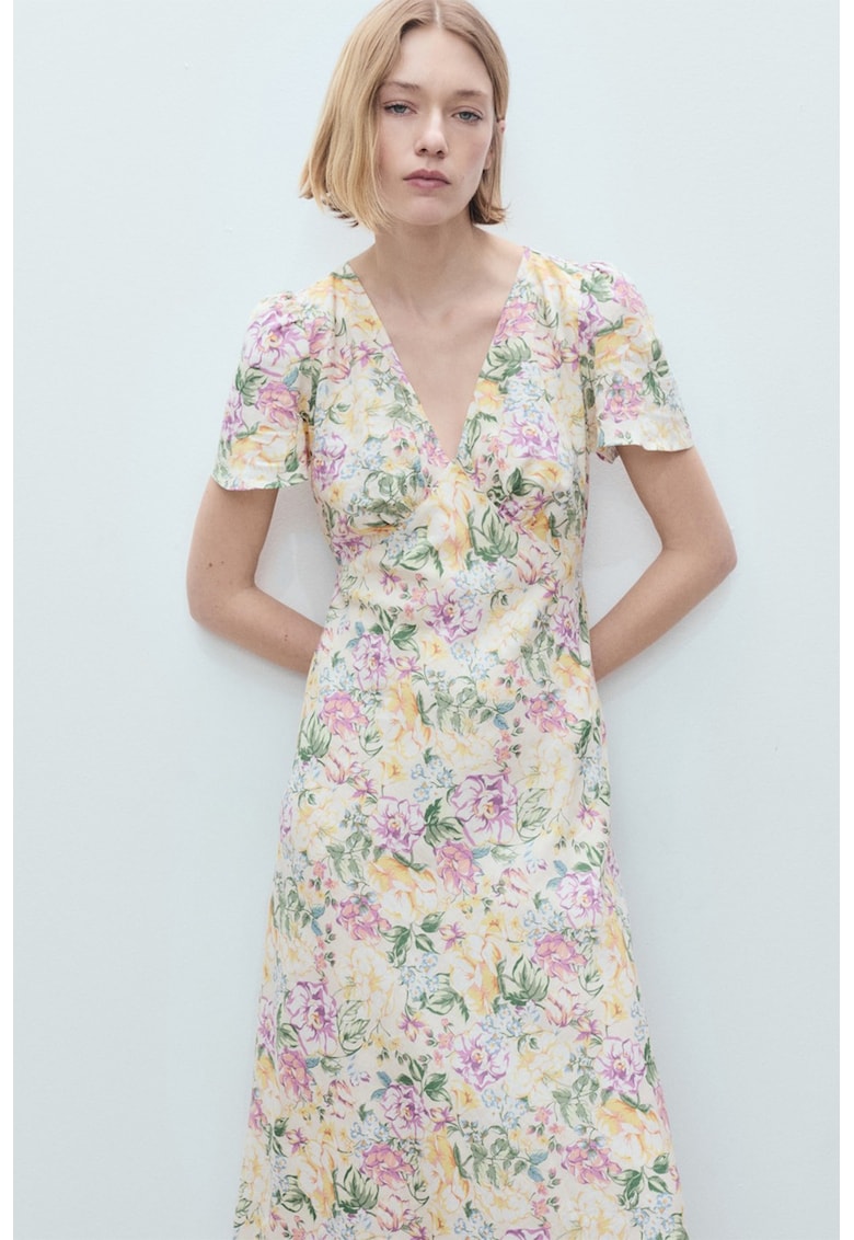 Rochie midi din amestec de in cu croiala in A si decolteu in V