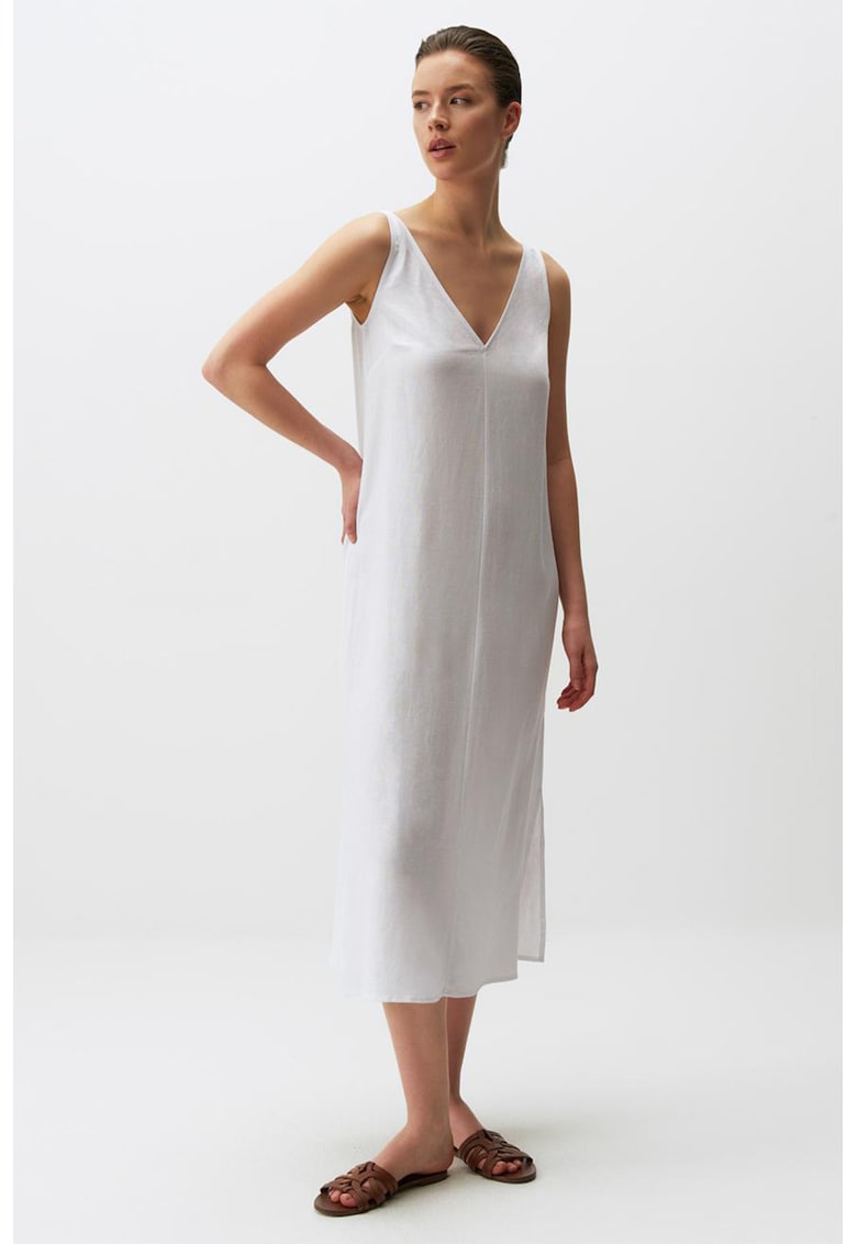 Rochie midi din amestec de in cu decolteu in V
