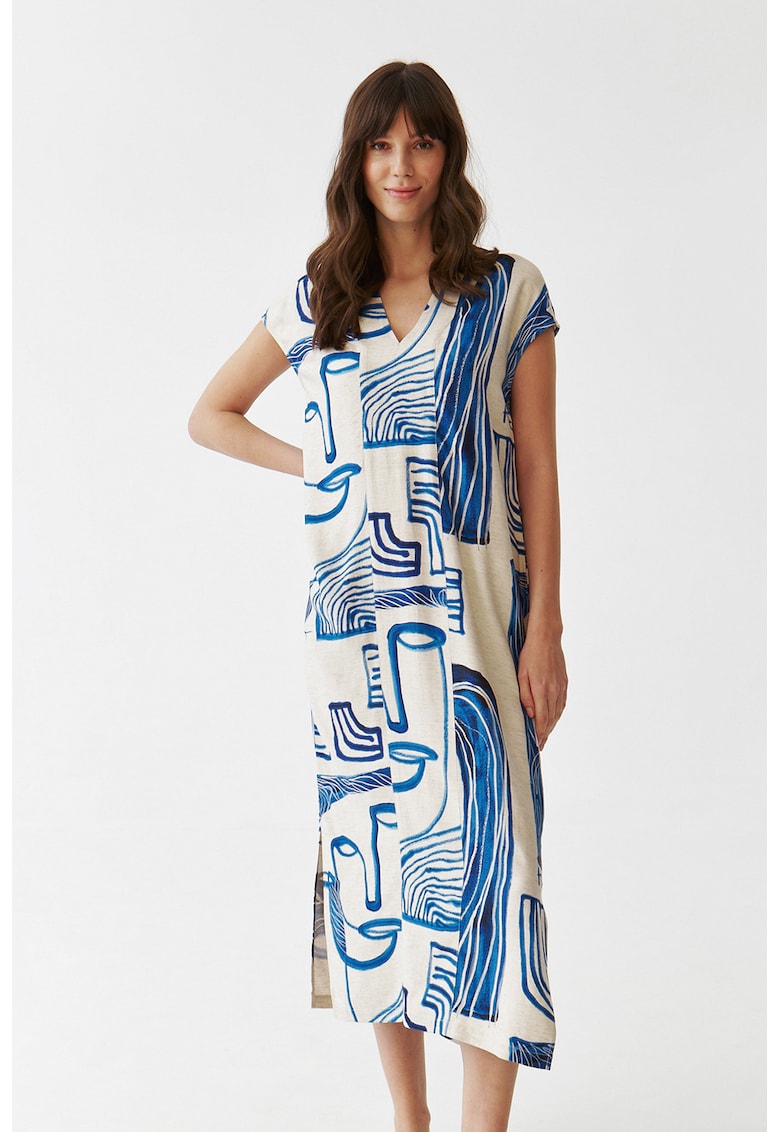 Rochie midi din amestec de in cu decolteu in V