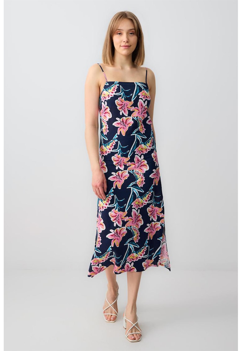Rochie midi din amestec de in cu model floral si slit lateral