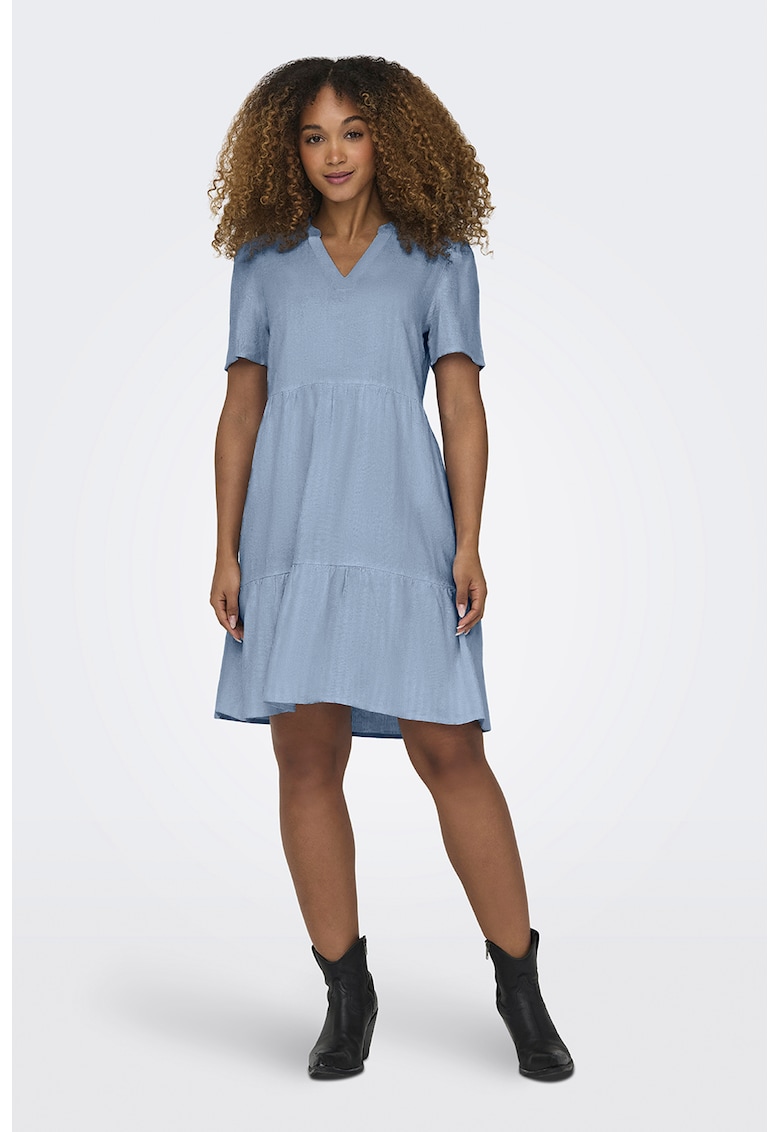 Rochie midi din amestec de in - volane si decolteu in V