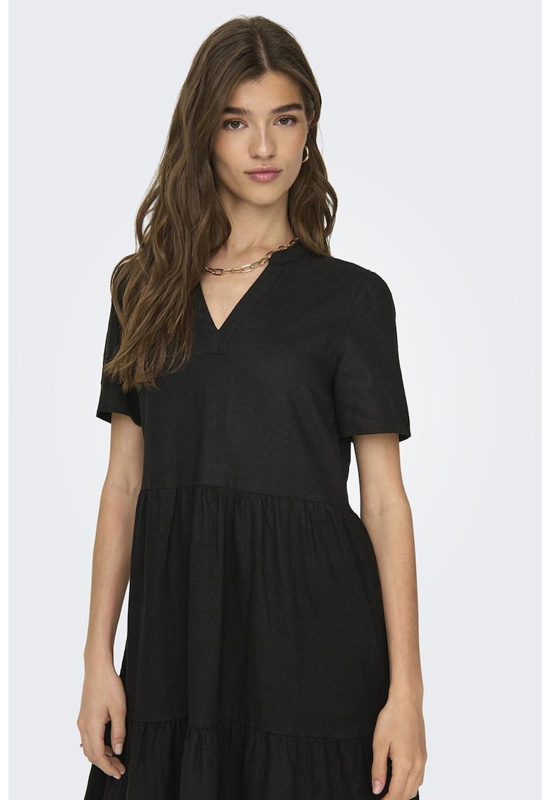 Rochie midi din amestec de in - volane si decolteu in V