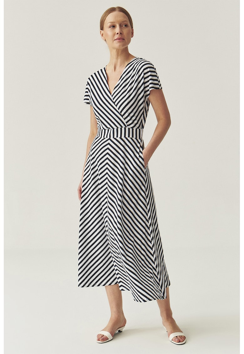 Rochie midi din amestec de modal cu croiala in A - model in dungi si decolteu in V