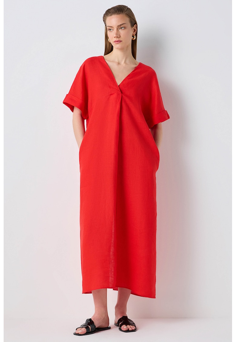 Rochie midi din in cu croiala dreapta si buzunare laterale