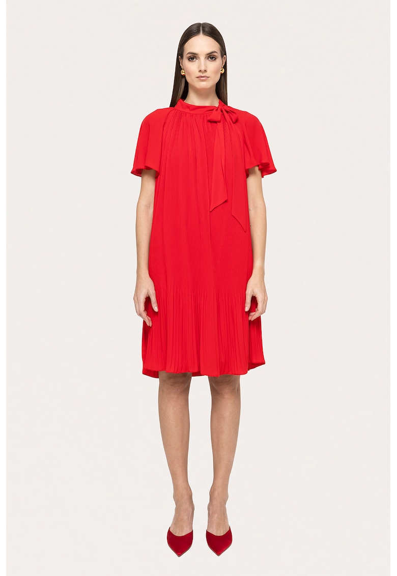Rochie midi din sifon cu pliuri si detaliu funda