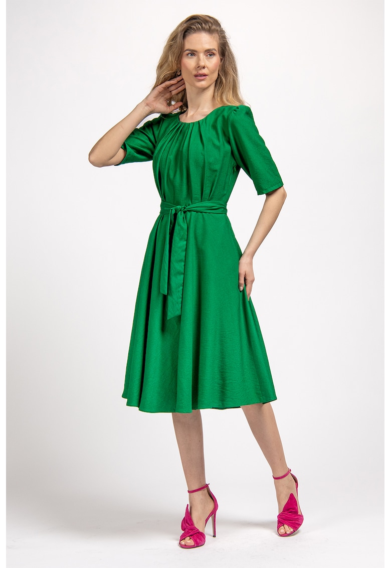 Rochie midi evazata cu cordon in talie