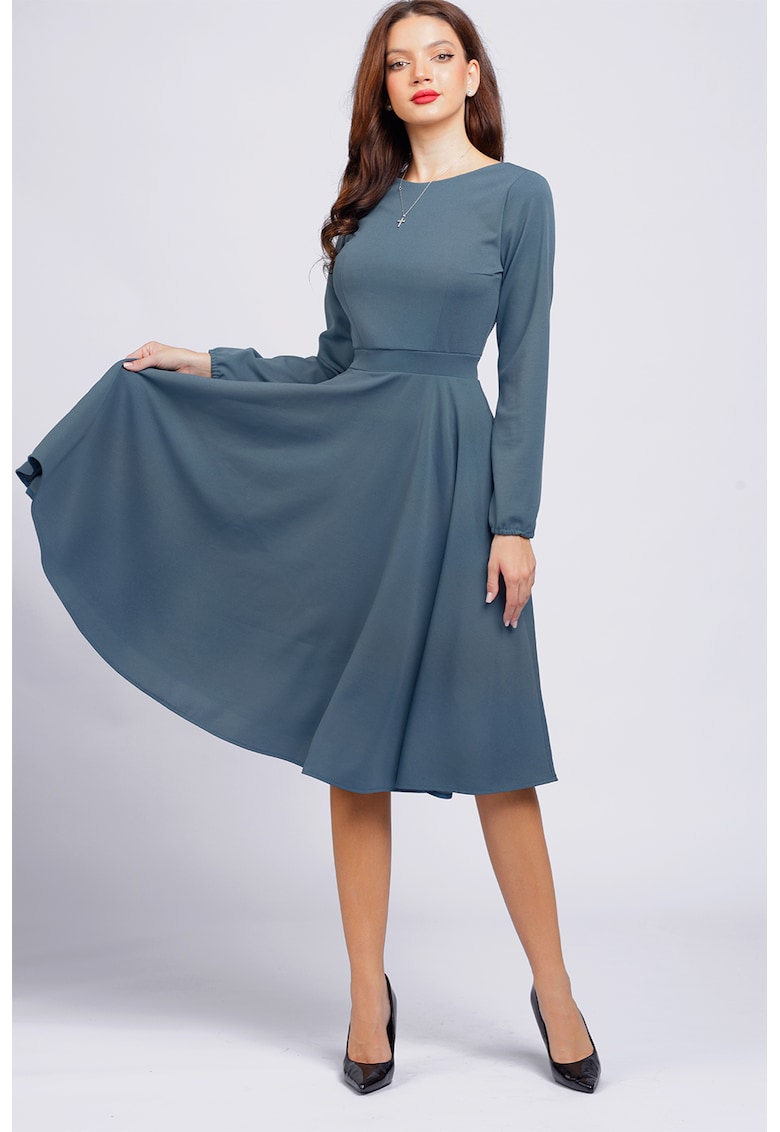 Rochie midi evazata cu decolteu barcuta