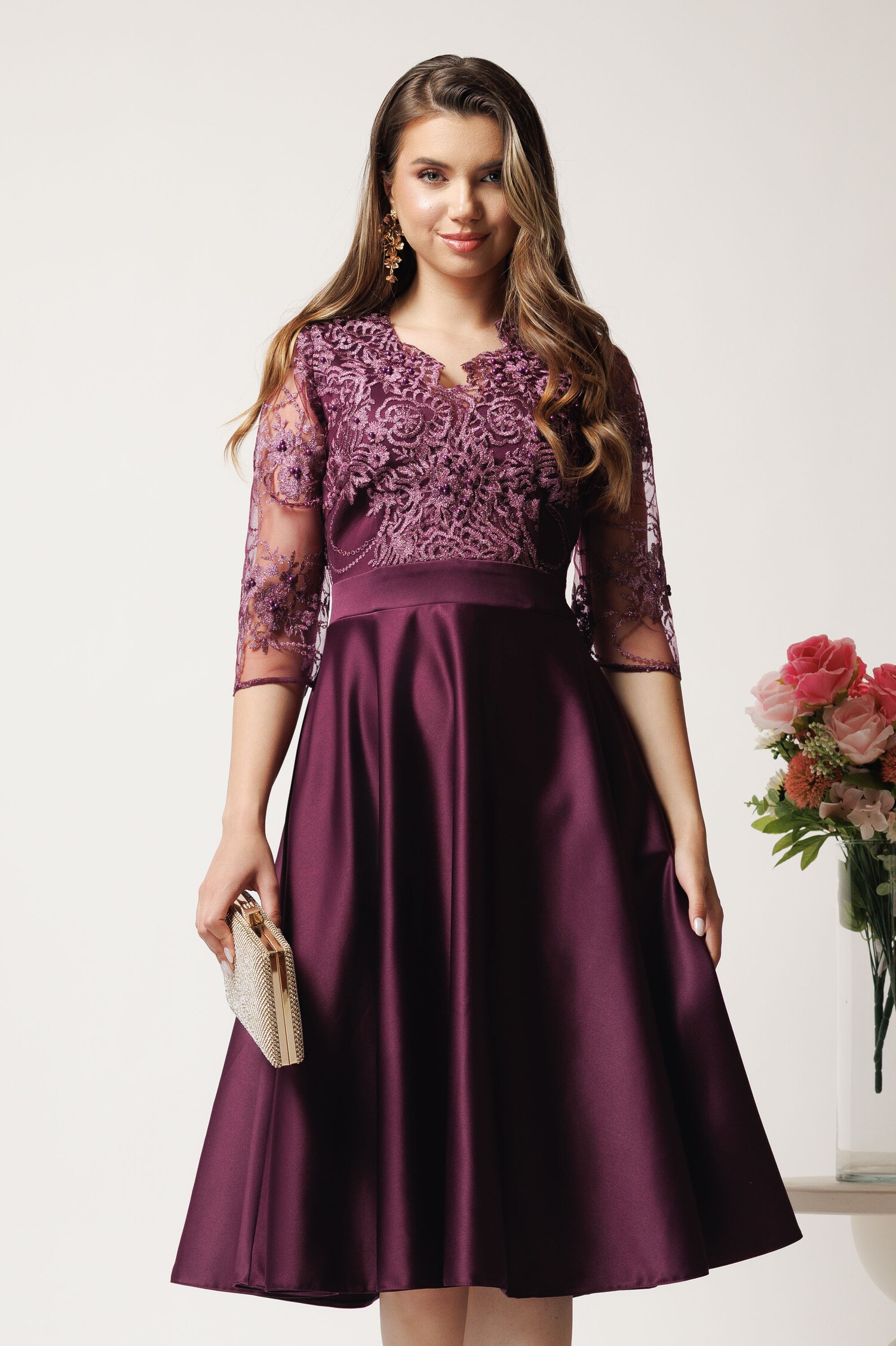 Rochie midi mov din tafta in clos cu dantela la bust - Ella Collection Inna