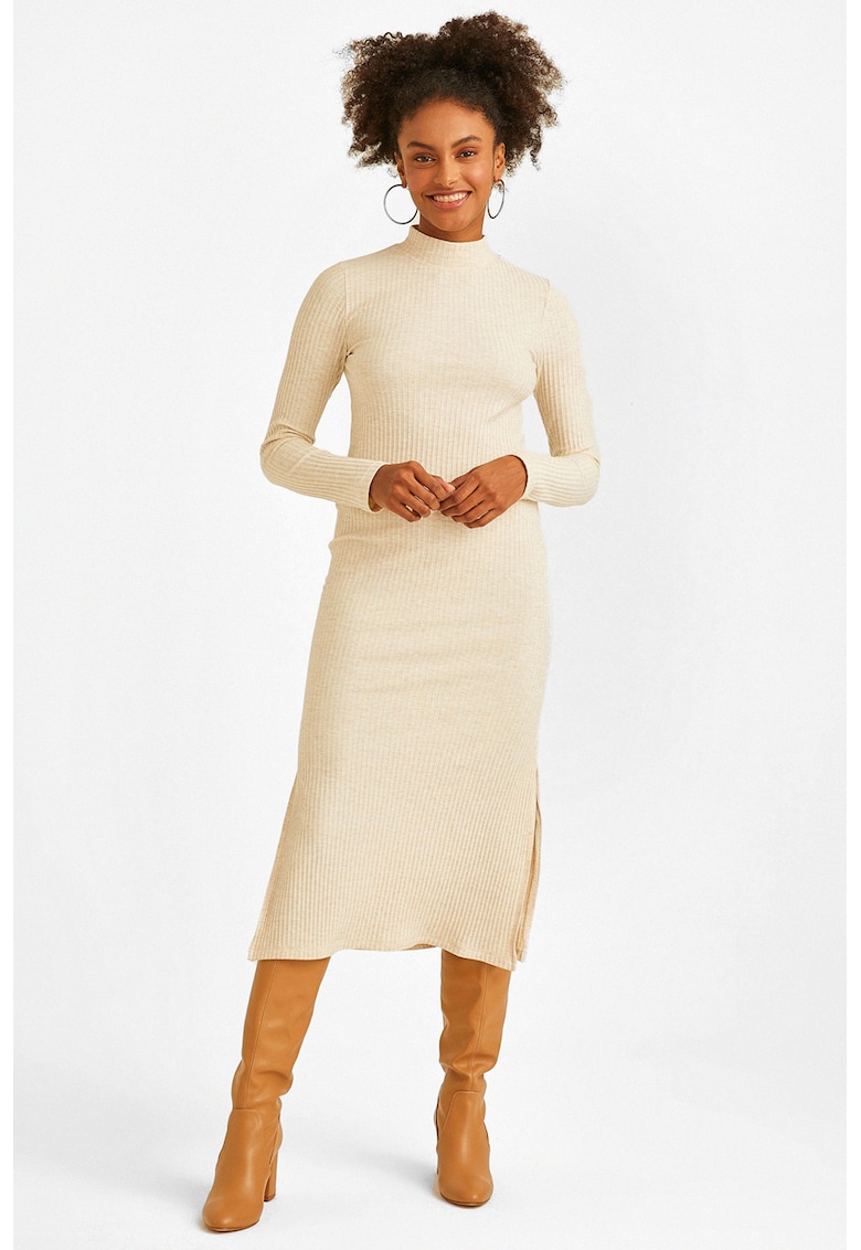 Rochie midi striata cu maneci lungi si slituri laterale
