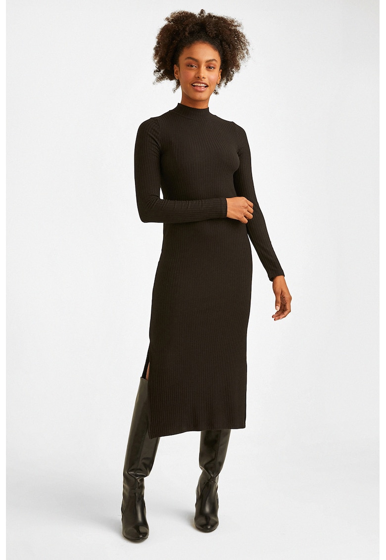 Rochie midi striata cu maneci lungi si slituri laterale