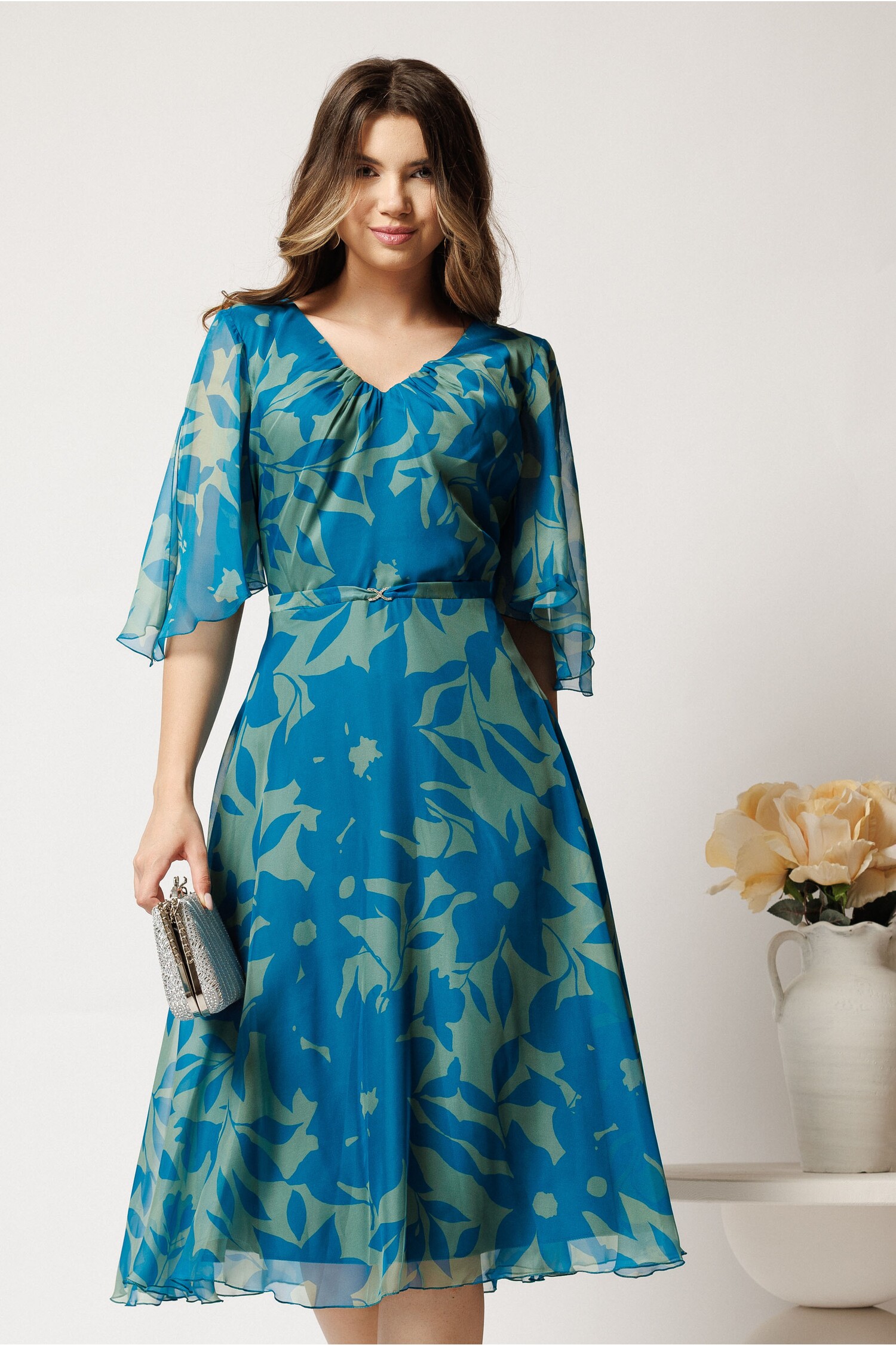 Rochie midi verde din voal cu imprimeu turcoaz si maneci vaporoase- Viada