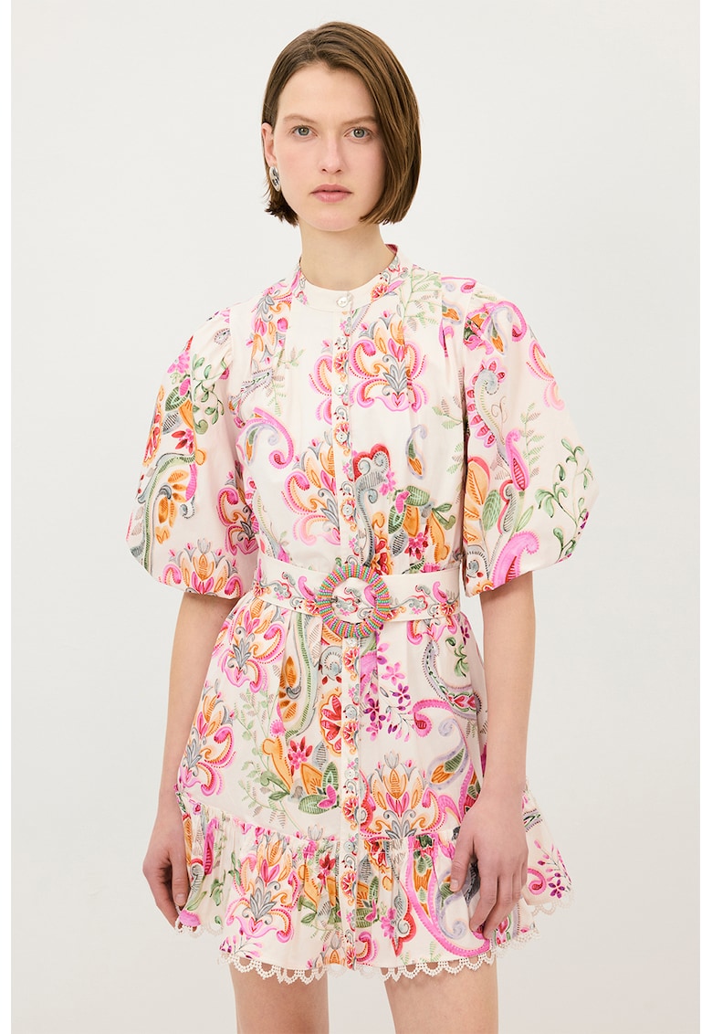 Rochie mini evazata cu model si maneci bufante