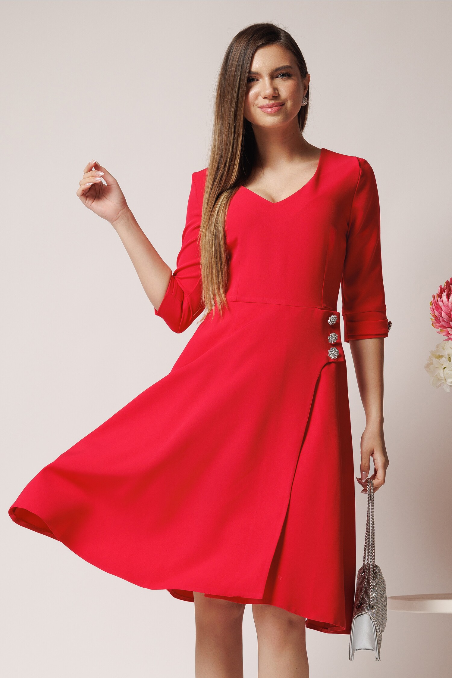 Rochie office din stofa corai cu nasturi in talie