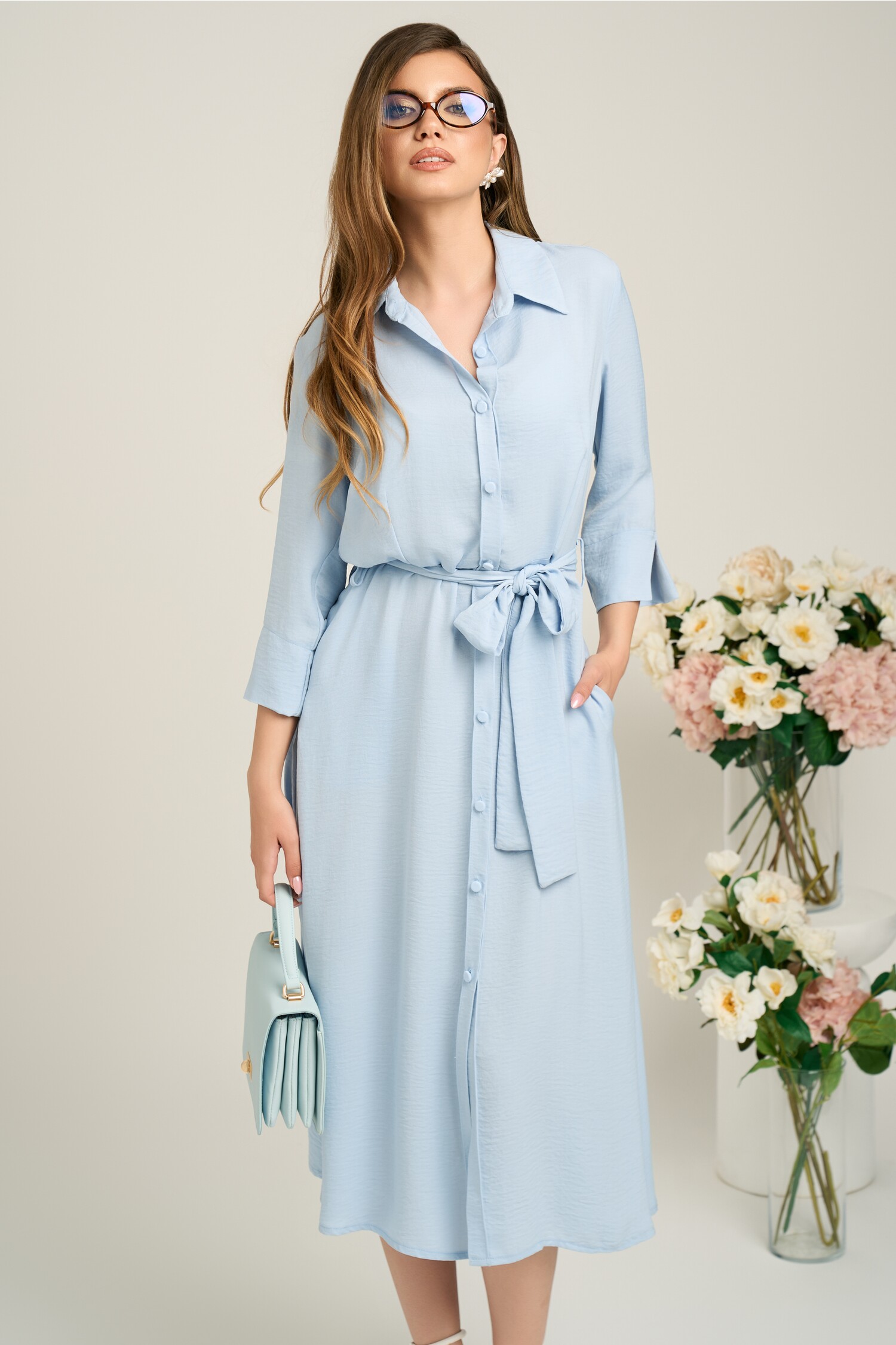 Rochie office din viscoza bleu cu cordon in talie