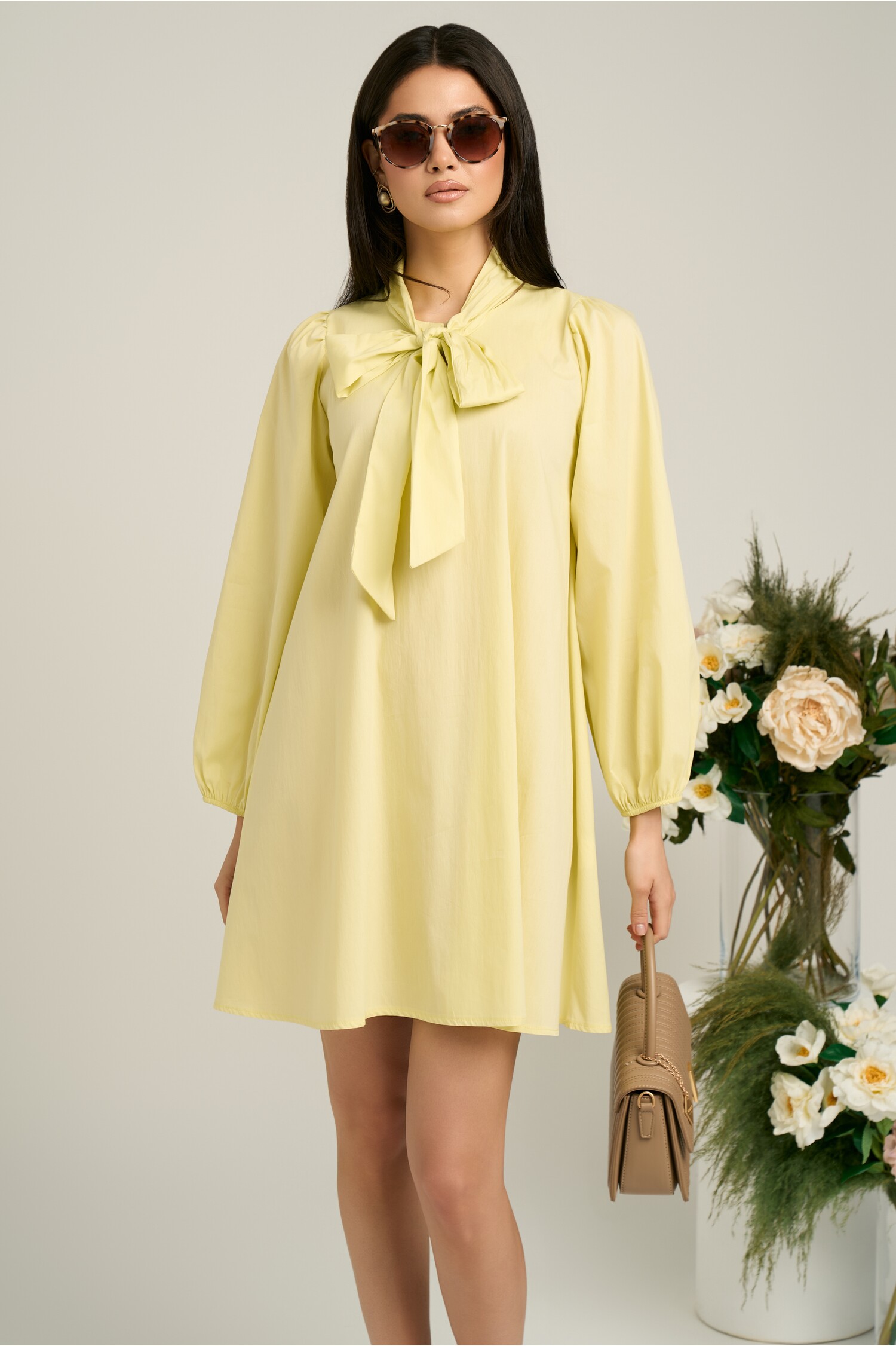 Rochie smart-casual din bumbac galbena cu funda