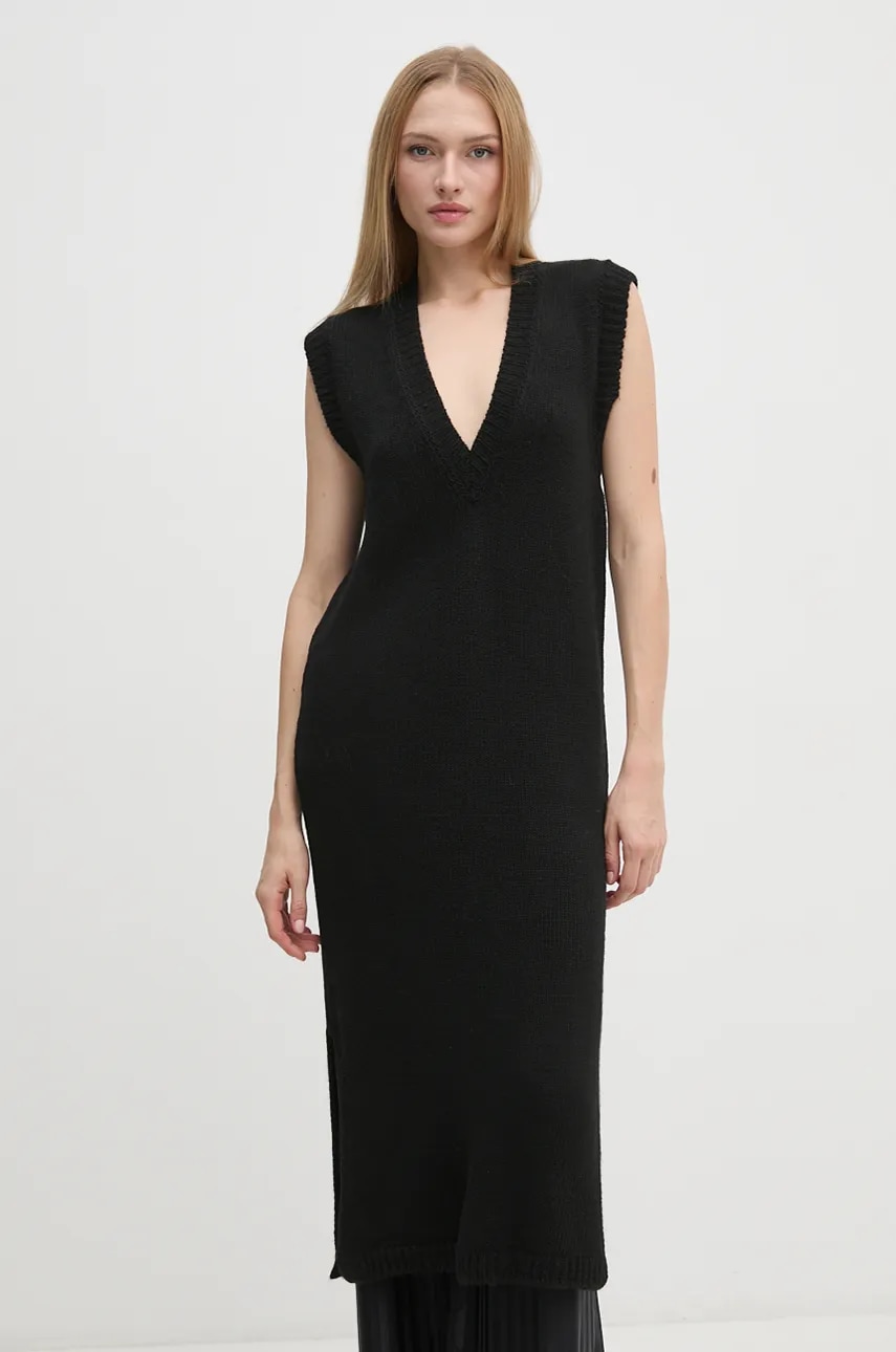 Sisley rochie din amestec de lana culoarea negru